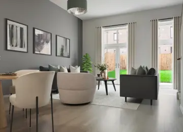 CGI of Modern living room of The Skylark at Brabazon, featuring a dark grey painted feature wall, stylish furniture, large windows, and private back garden.