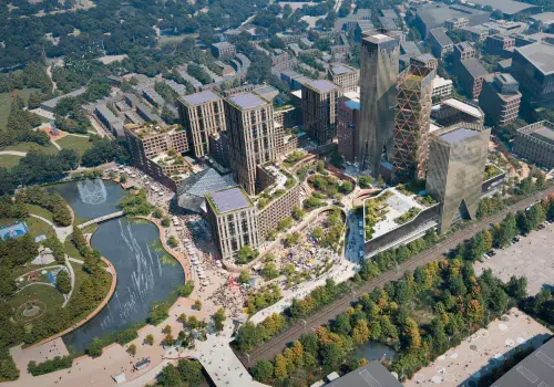 Top-down rendering of the bustling town centre planned for Brabazon with high-rise hotels, offices, retail, dining and leisure.