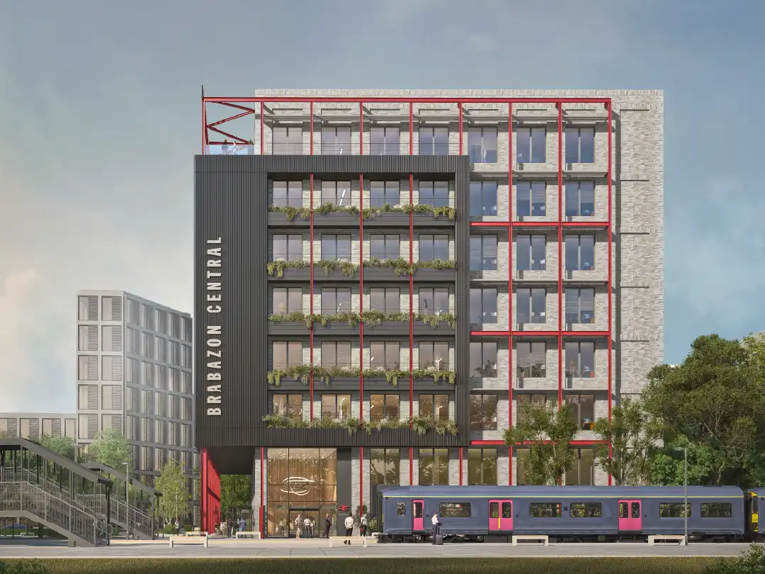 CGI of eight-storey office development near the new train station at Brabazon. 