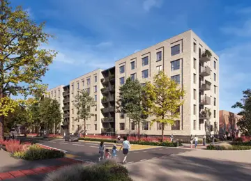 The Dials apartment building on a busy tree-lined street at Brabazon in Bristol.