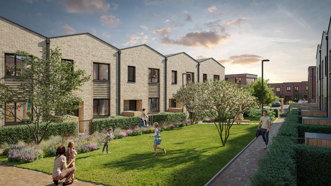 The Skylark three-bedroom house type at The Heritage District. Residents garden at The Heritage District, with townhouses surrounding the garden and two children running and playing on the grass, and a parent supervising.