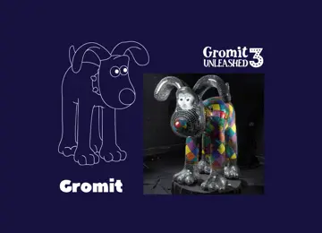 Illustration and photograph of Gromit sculpture for Gromit Unleashed 3 at Brabazon, Bristol. 