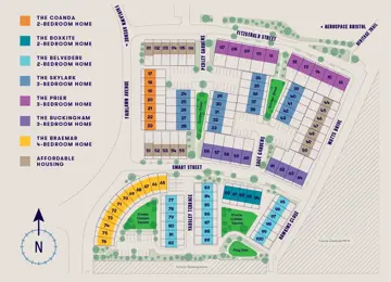 Site plan of The Heritage District showing property types and plot numbers.