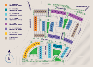 Site plan of The Heritage District showing property types and plot numbers.
