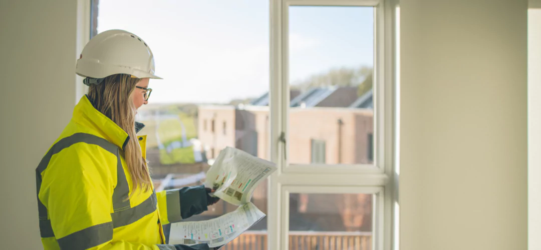 A woman in a hard hat and safety vest examines plans while looking out a window at a residential construction site.