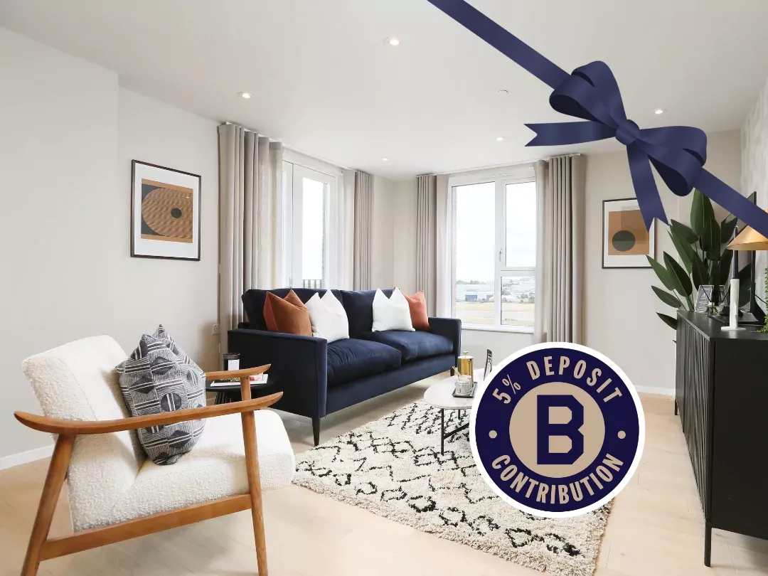 Stylish living room inside apartment at Brabazon, featuring a navy sofa with white and orange cushions, and a modern armchair and picture windows. Overlaying is a 5% deposit roundel. 