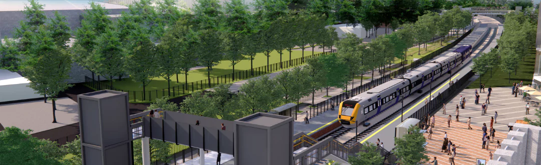 Brabazon Station. Rendering of a passenger train approaching the new train station at Brabazon, Bristol where people are waiting to board.