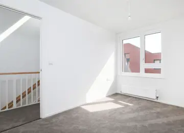 A sunny bedroom with a generous picture window and soft, grey carpet.