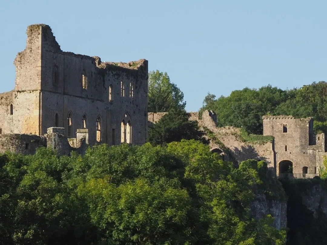 The ruins of Chepstow Castle on a sunny day, surrounded by green trees.