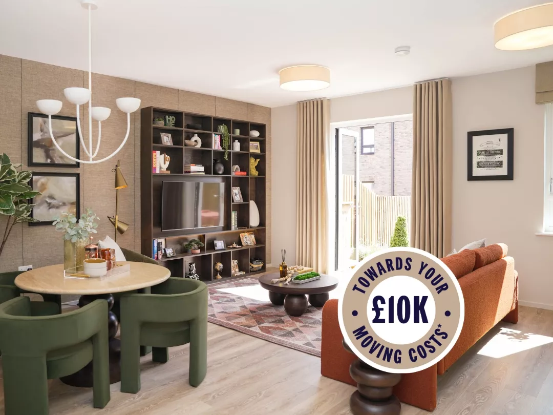 Modern living room featuring a custom TV shelf, orange sofa, patterned rug, and natural light streaming in through open doors.