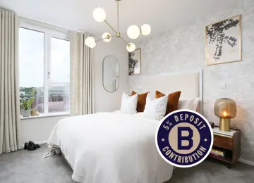 5% Deposit Contribution sticker overlaying principle bedroom, with large picture window filling the room with natural light,  white linen queen bed with assorted white and orange pillows.  
