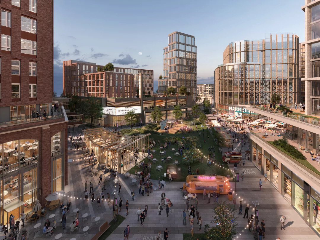 Bustling town centre in Brabazon, capturing the energy of urban life with a mix of pedestrians, bustling shops, and diverse architectural styles.