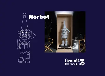 Illustration and photograph of Norbot sculpture for Gromit Unleashed 3 at Brabazon, Bristol. 
