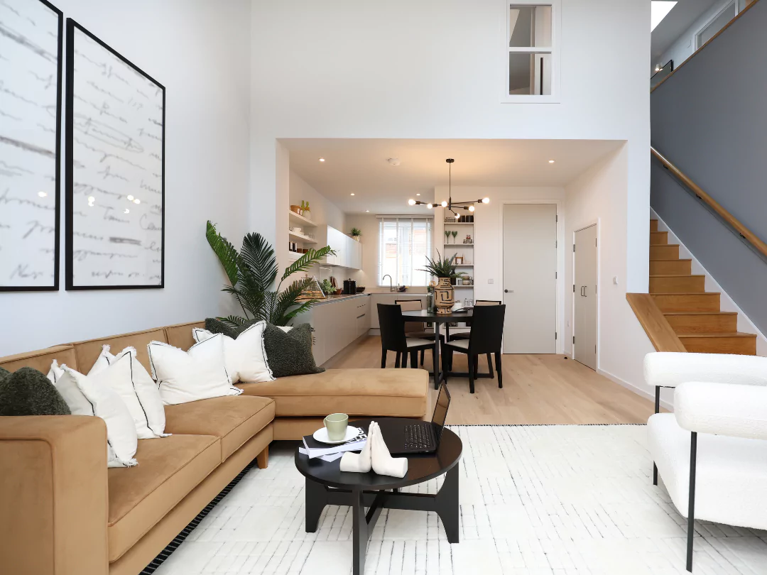 Open-plan kitchen diner, with the added benefits of a seating area and double height living area.