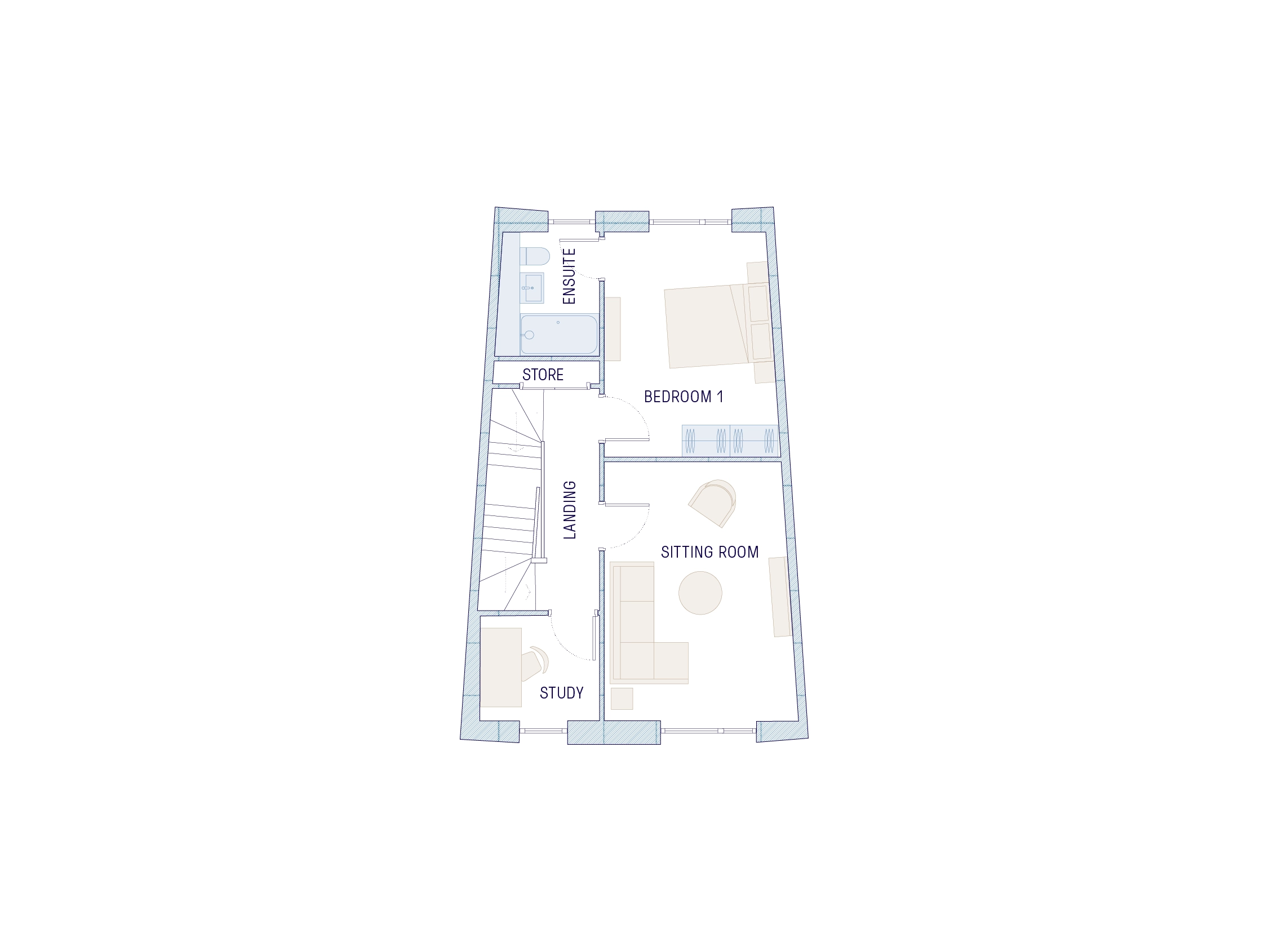 First floor plan with one double bedroom, en-suite bathroom, study, and sitting room