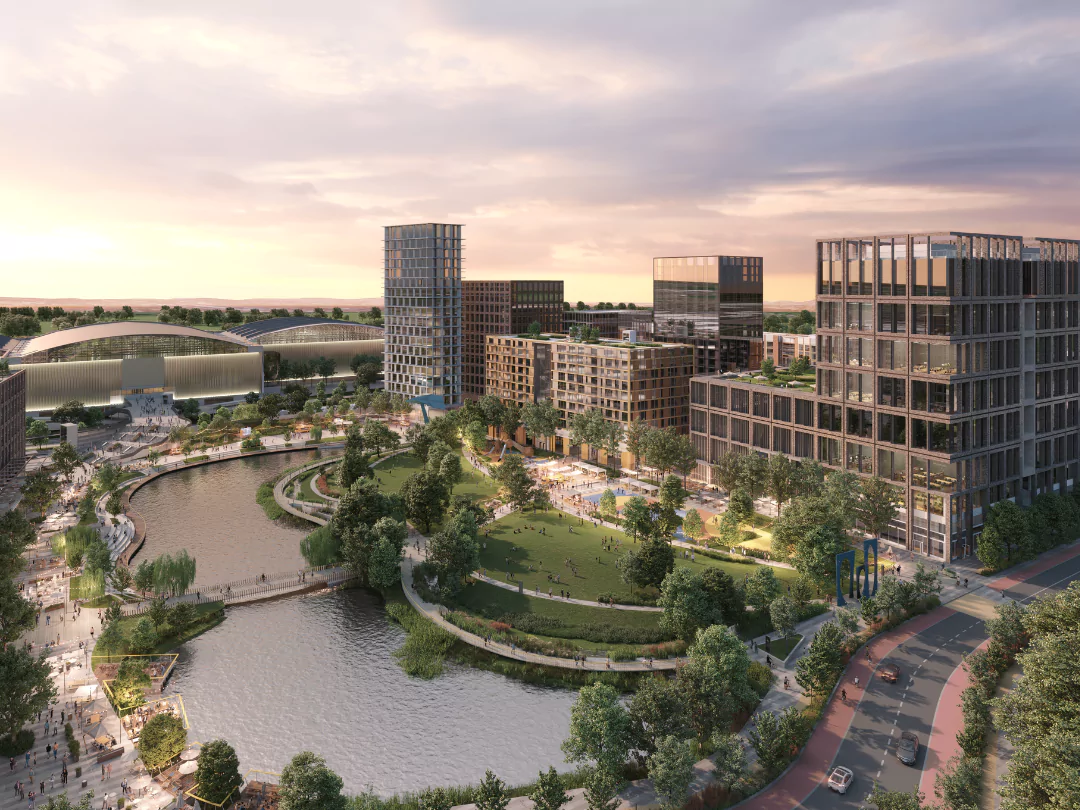 The scene features Brabazon Lake, surrounded by vibrant shops and restaurants, offering a perfect place to relax and reconnect with nature.