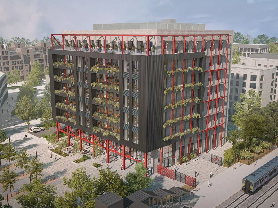 CGI rendering of a modern, sustainable eight-storey office development at Bristol Brabazon train station with planting.
