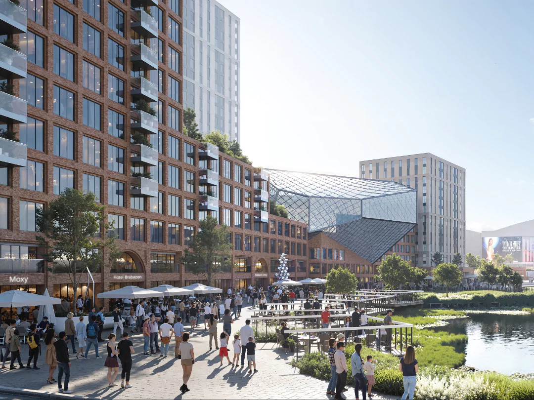 Lakeside Dining at Brabazon, Bristol. Street-level rendering of people enjoying themselves in lakeside bars and restaurants on a sunny day at Brabazon.