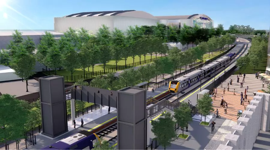 CGI of the new train station at Brabazon. Behind the station is the new Supersonic YTL Arena