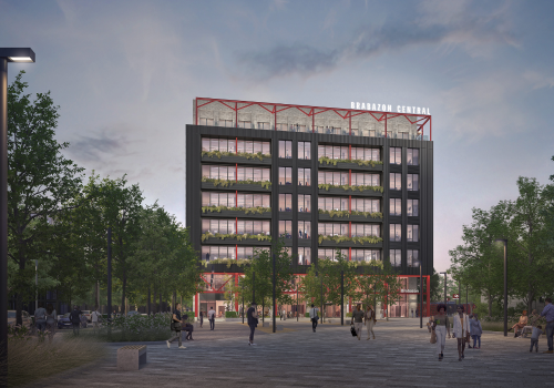 Exterior CGI of the front of an eight-storey office building at Brabazon train station in North Bristol.