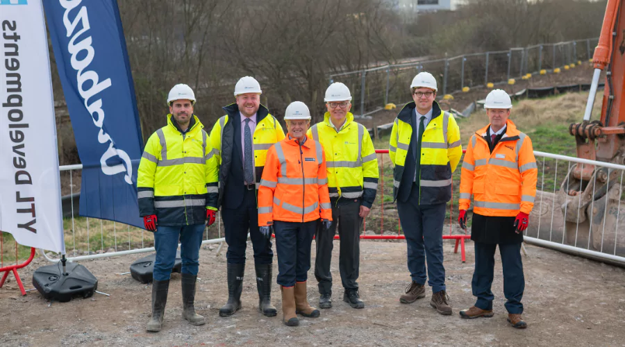 Representatives of YTL Group, Network Rail, Great Western Railway (GWR), local MPs and South Gloucestershire Council breaking ground for the new station at Brabazon.