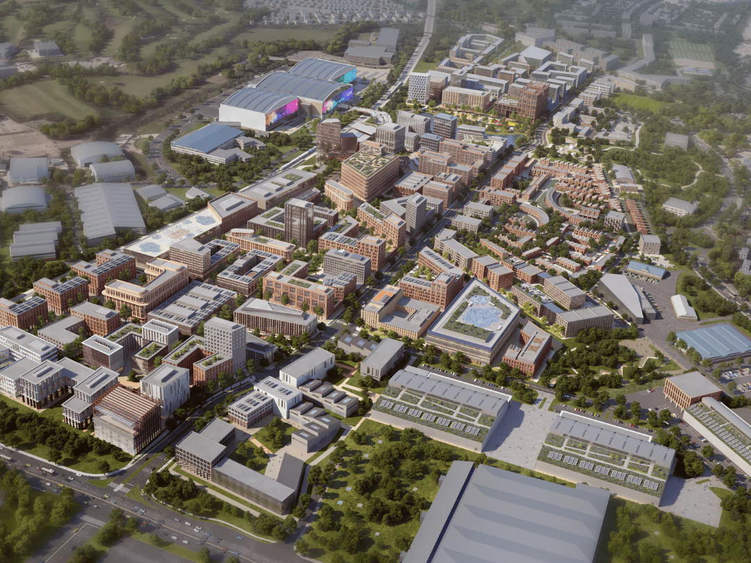 An aerial perspective of Brabazon City Centre, showcasing a well-organised urban landscape with buildings, streets, and green spaces, providing a comprehensive overview of the city's layout and architectural design.