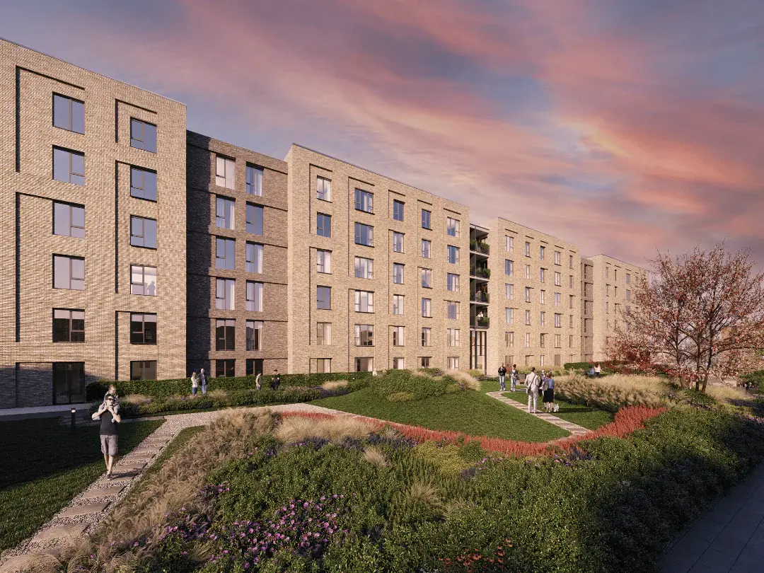 A lovely angle captures the Dials apartments at dusk, bustling with community activity.