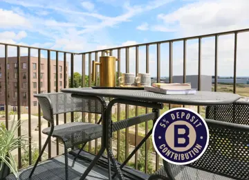 5% Deposit Contribution sticker over styled apartment balcony with seating and spikey plants.