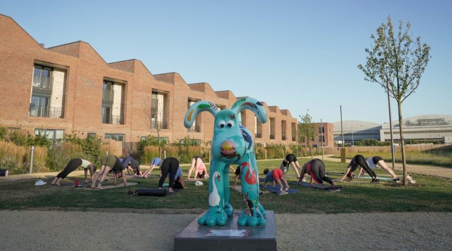 Yoga class doing downward dog on The Green at Brabazon, behind 'The Birds' Gromit sculpture during sunset.