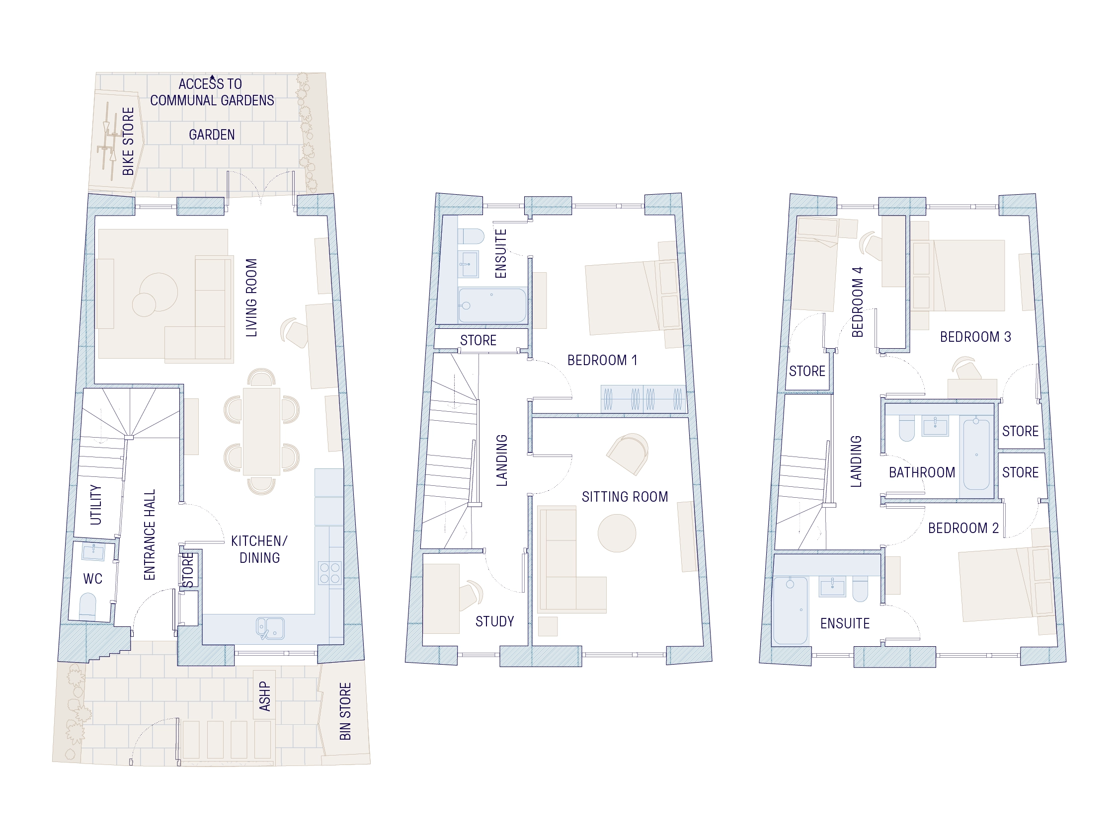 Full floor plan with three stories, four double bedrooms and 2.5 bathrooms