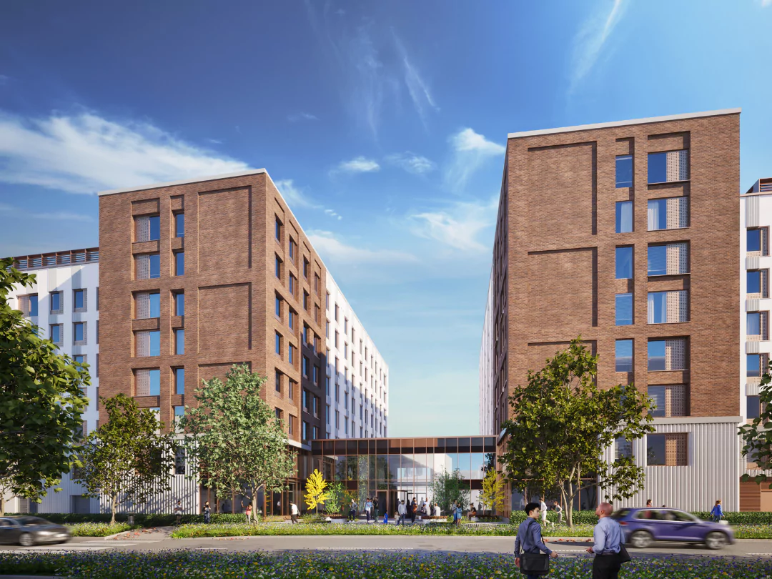 Architectural rendering of the modern student accommodation buildings with a brick façade and large windows, surrounded by greenery and pedestrians.