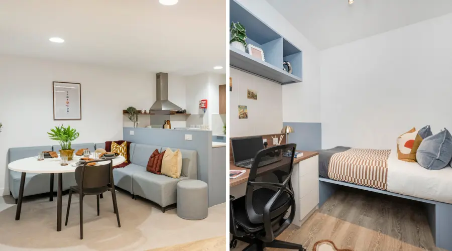 Student Accommodation at The Propeller Quarter in Brabazon, Bristol. Showcasing a modern shared living space split in two: left shows a  kitchen and dining area with a round table; right displays a tidy bedroom-office setup with a desk and bed.