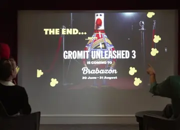 Children watching film in a private cinema in celebration of Gromit Unleashed 3 at Brabazon. 